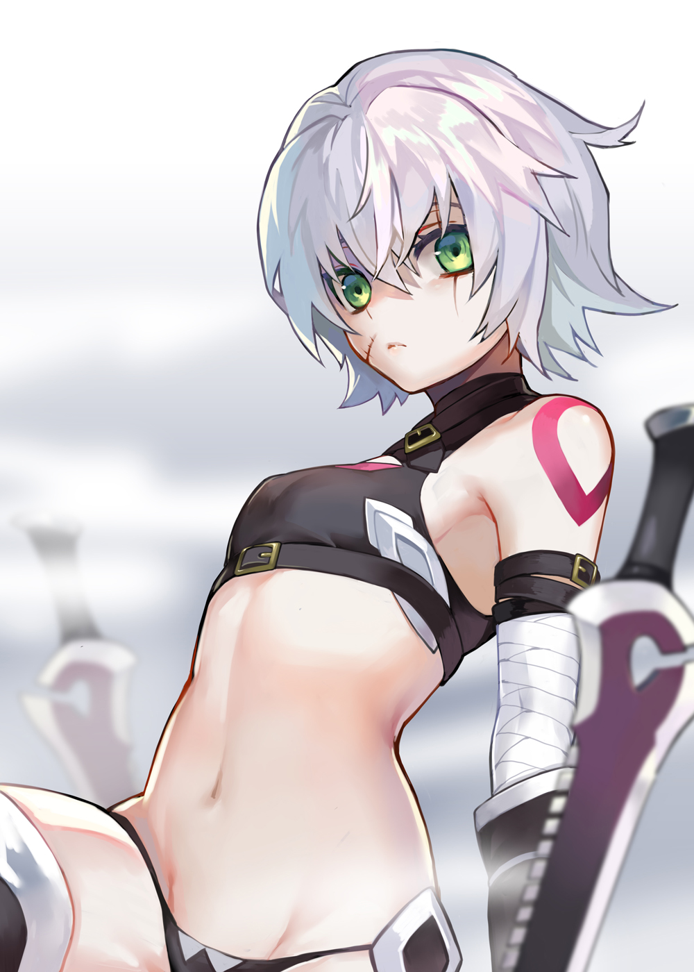 armpit_crease blurry commentary_request dagger depth_of_field fate/apocrypha fate_(series) flat_chest fog green_eyes highres jack_the_ripper_(fate/apocrypha) looking_at_viewer navel patch short_hair silver_hair sin_(btc86amme) solo weapon