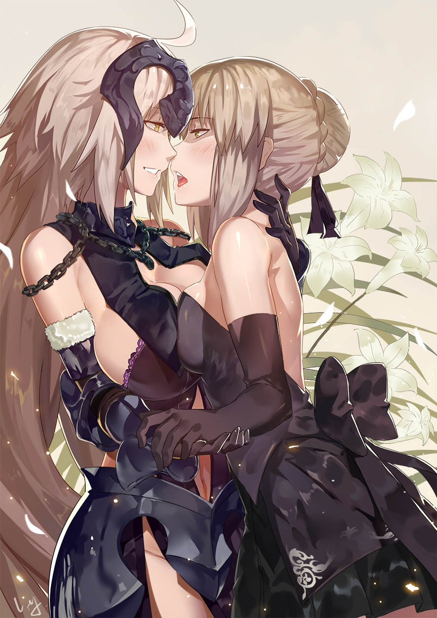 ahoge armor artist_name artoria_pendragon_(all) ass asymmetrical_docking bangs bare_shoulders black_dress black_gloves black_ribbon blonde_hair blush braid breast_press breasts brown_eyes chain cowboy_shot dress elbow_gloves eye_contact eyebrows_visible_through_hair fate/grand_order fate_(series) floral_background flower french_braid from_side fur_trim gloves gothic_lolita grey_background grey_hair hair_bun hair_ribbon headpiece highres hips jeanne_d'arc_(alter)_(fate) jeanne_d'arc_(fate)_(all) large_breasts lily_(flower) lolita_fashion looking_at_another medium_breasts multiple_girls nanaya_(daaijianglin) open_mouth parted_lips ribbon saber_alter sidelocks signature simple_background smile thighs white_flower yellow_eyes yuri
