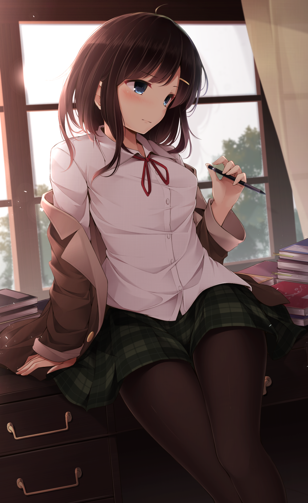 ahoge bangs black_legwear blue_eyes blush book_stack brown_hair brown_jacket collared_shirt curtains day desk drawer dress_shirt eyebrows_visible_through_hair green_skirt highres holding holding_pen indoors jacket long_sleeves looking_away looking_to_the_side off_shoulder on_desk open_clothes open_jacket original pantyhose pen plaid plaid_skirt shirt short_hair_with_long_locks sidelocks sitting skirt sleeves_past_wrists solo swept_bangs toyosaki_shu window wing_collar