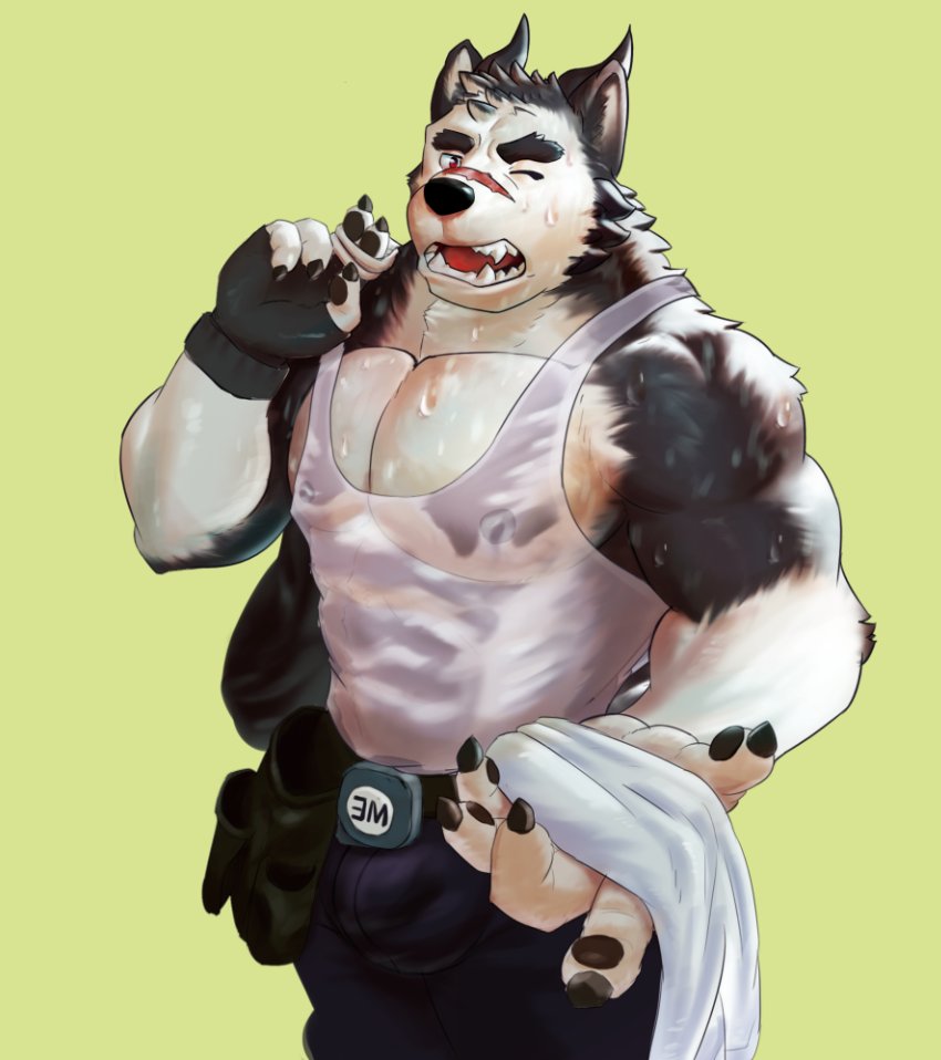 2017 anthro belt bulge canine clothed clothing digital_media_(artwork) fur hi_res male mammal muscular muscular_male one_eye_closed pants pecs scar shirt simple_background tank_top totemmo wink