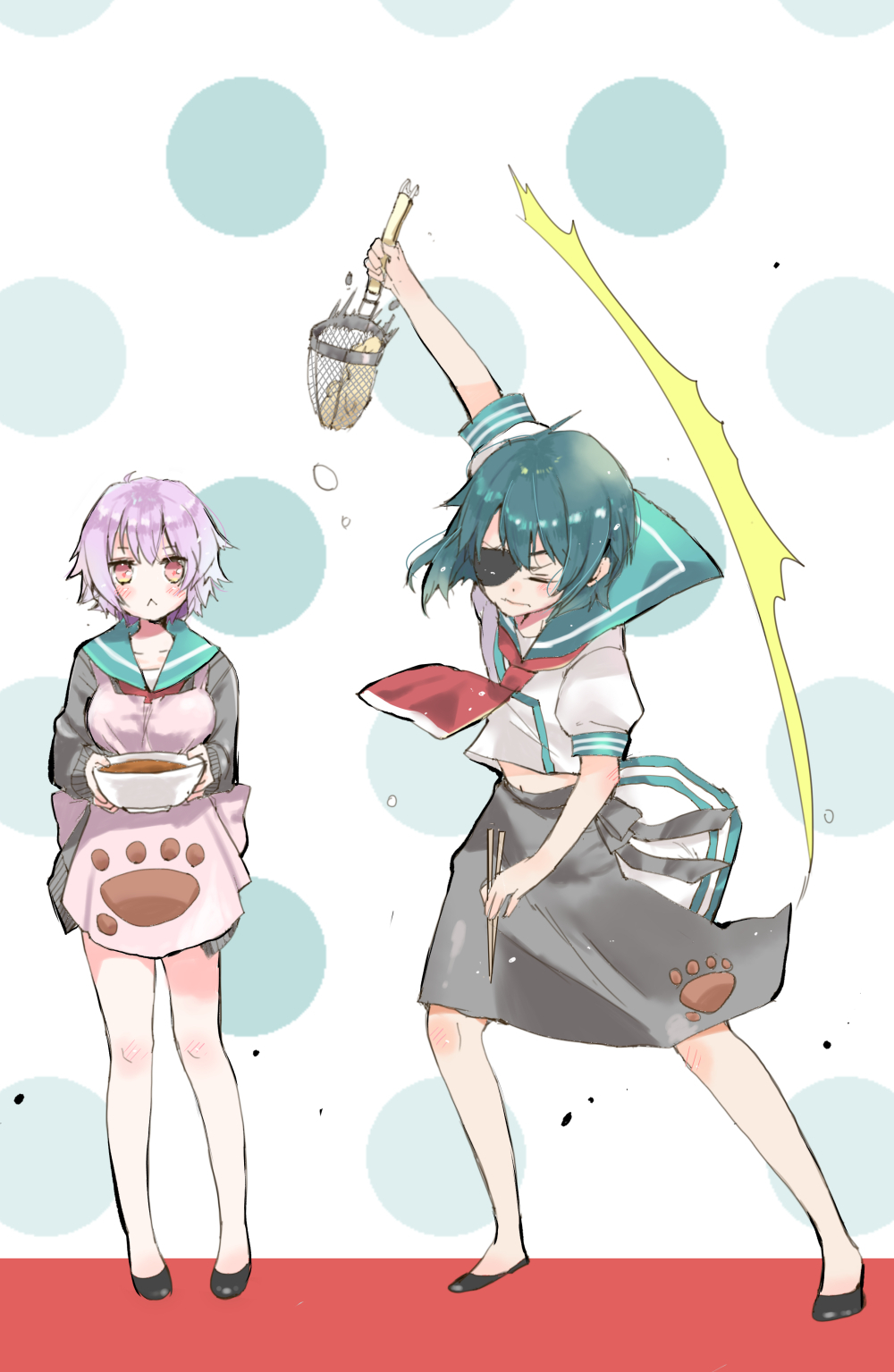 :&lt; bowl chopsticks closed_eyes commentary_request dual_wielding eyepatch green_hair green_sailor_collar highres holding holding_bowl holding_chopsticks kantai_collection kiso_(kantai_collection) long_sleeves mitoko_(kuma) multiple_girls no_hat no_headwear pink_hair puffy_short_sleeves puffy_sleeves red_eyes sailor_collar school_uniform serafuku short_hair short_sleeves strainer tama_(kantai_collection)
