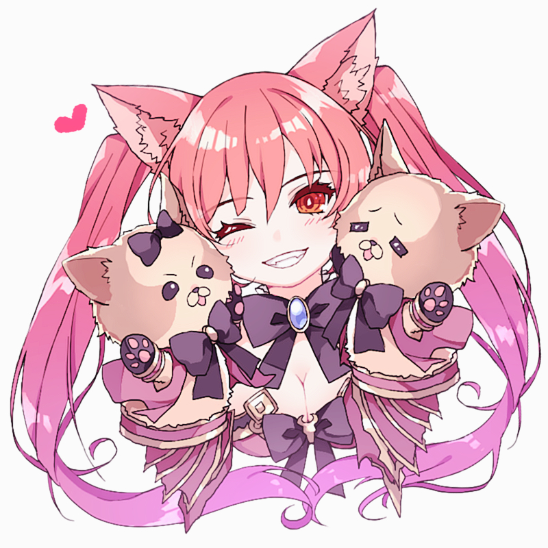 1girl animal_ear_fluff animal_ears bangs black_bow blush bow breasts cerberus_(shingeki_no_bahamut) cleavage commentary_request cropped_torso dog_ears eyebrows_visible_through_hair gradient_hair grey_background grin hair_between_eyes hand_puppet head_tilt heart medium_breasts multicolored_hair one_eye_closed pikomarie pink_hair puppet red_eyes red_hair shadowverse simple_background smile solo twintails