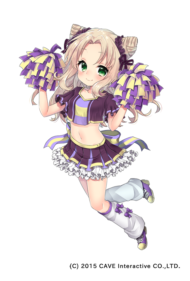 2015 arms_up bangs blush bow breasts brown_ribbon cheerleader closed_mouth collarbone commentary_request crop_top crop_top_overhang eyebrows_visible_through_hair frilled_skirt frills full_body gothic_wa_mahou_otome green_eyes hair_intakes hair_ornament hair_ribbon hair_scrunchie holding leg_warmers light_brown_hair long_hair looking_at_viewer midriff nachiru navel official_art pleated_skirt pom_poms purple_bow purple_footwear purple_ribbon purple_scrunchie purple_shirt purple_skirt ribbon scrunchie shirt shoes short_sleeves sidelocks simple_background skirt small_breasts smile sneakers solo striped striped_bow striped_ribbon very_long_hair white_background white_legwear
