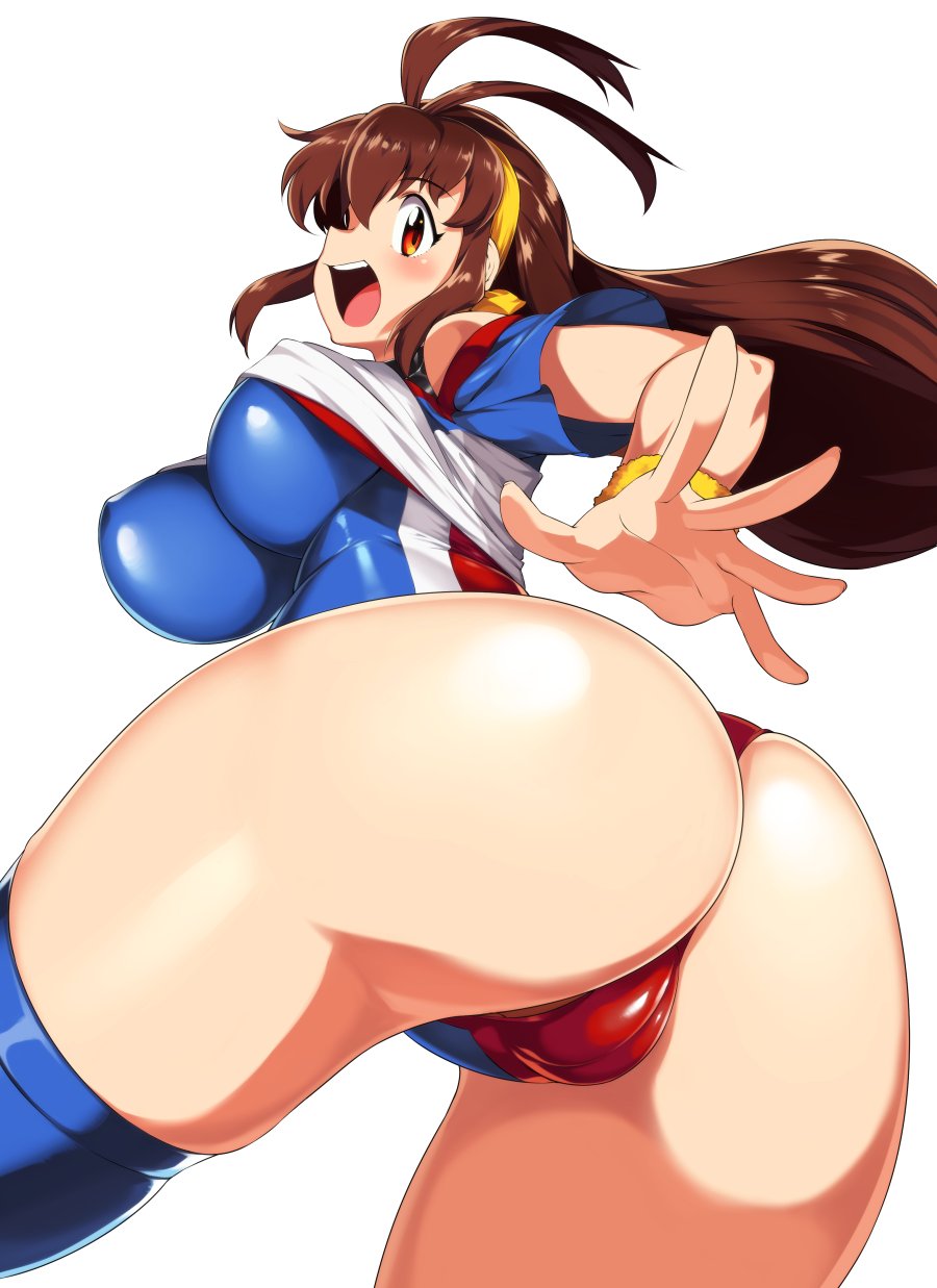 ahoge antenna_hair ass battle_athletes blue_legwear breasts brown_eyes brown_hair cameltoe commentary_request crop_top from_behind hairband highres kanzaki_akari large_breasts leotard long_hair looking_back open_mouth ribbon shirt shirt_lift solo surprised thighhighs twisted_torso very_long_hair wokashiya wristband