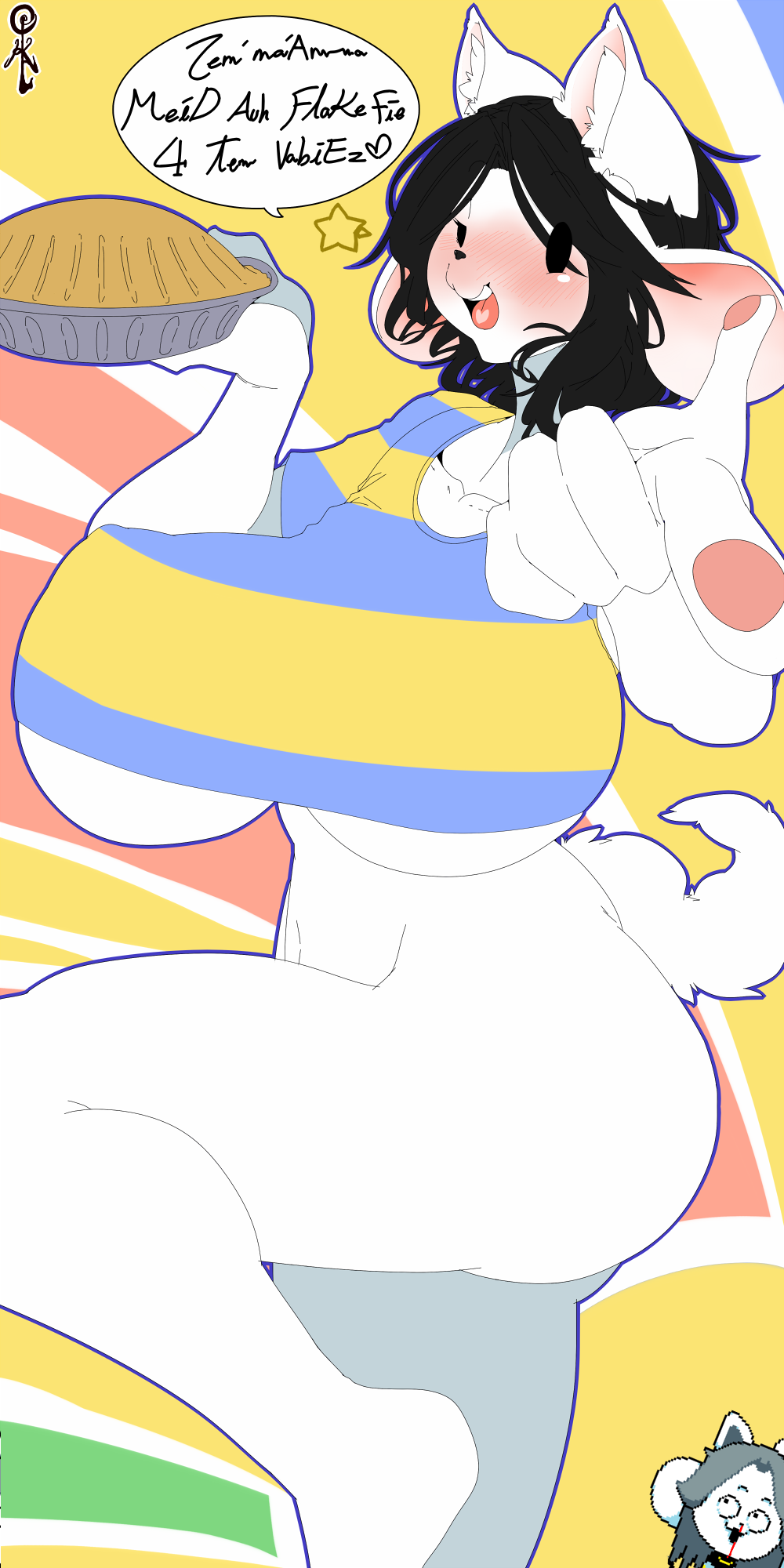 2017 big_breasts blush bottomless breasts clothed clothing female food hair hi_res huge_breasts mammal opqhlak pie pointing solo tem temmie_(undertale) text top translation_request under_boob undertale video_games
