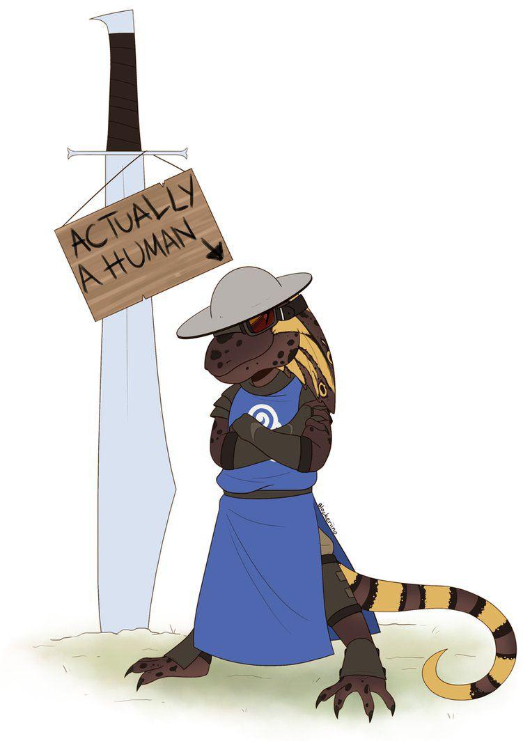 4_toes anthro armor belt blockeriino brown_skin claws clothed clothing compression_artifacts crossed_arms english_text eyewear gloves goggles helmet kobold male melee_weapon scalie sign smile smirk solo spots striped_tail stripes sword tabard text toe_claws toes weapon