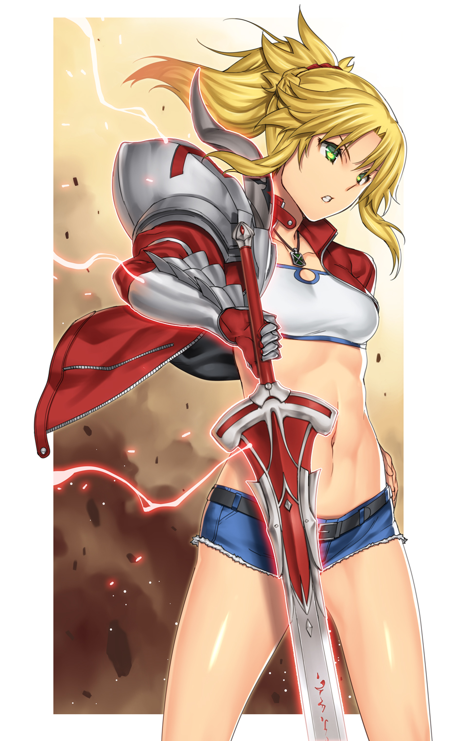 armor bandeau blonde_hair clarent clenched_teeth cowboy_shot denim denim_shorts electricity fate/apocrypha fate_(series) gauntlets green_eyes hair_ornament hair_scrunchie highres jewelry midriff mordred_(fate) mordred_(fate)_(all) navel pendant ponytail red_scrunchie scrunchie shorts shoulder_armor solo standing teeth uemukai_dai wind