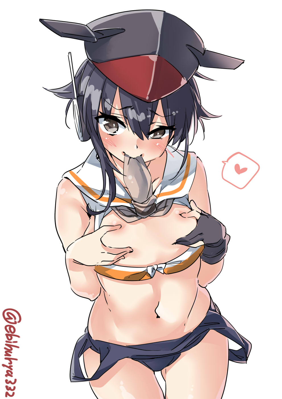 ass_visible_through_thighs bangs black_gloves black_hair blush breast_grab breasts brown_eyes closed_mouth covering_nipples cowboy_shot ebifurya eyebrows_visible_through_hair gloves grabbing hair_between_eyes hair_flaps hat heart highres i-14_(kantai_collection) kantai_collection looking_at_viewer mouth_hold navel neckerchief partly_fingerless_gloves sailor_collar short_hair sidelocks simple_background single_glove small_breasts solo spoken_heart thigh_gap twitter_username white_background
