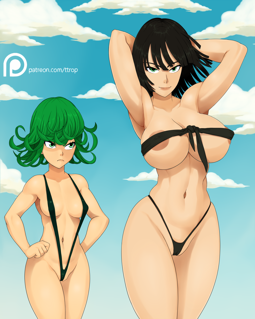 2girls areola_slip armpits arms_behind_head arms_up black_hair black_swimsuit blue_sky breast_envy breasts cloud day fubuki_(one-punch_man) green_hair groin hand_on_hips hands_on_hips highres hips jealous large_breasts looking_at_viewer multiple_girls one-punch_man short_hair sisters sky sling_bikini small_breasts stomach swimsuit tatsumaki ttrop wide_hips