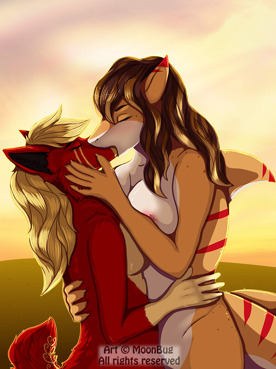 anthro areola blonde_hair blush breast_squish breasts breasts_frottage brown_hair canine dorsal_fin duo eyes_closed female female/female fin fish french_kissing hair hand_on_hip hug kissing mammal marine moonbug nipples shark stripes