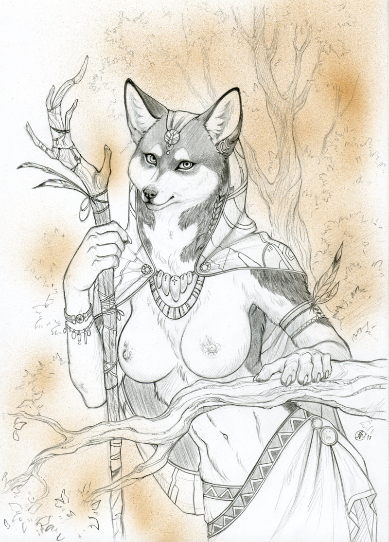 anthro armband bracelet braided_hair breasts canine cape chest_tuft claws cloak clothed clothing dog ear_piercing ear_tuft elder feathers female forest hair hood husky inner_ear_fluff jewelry looking_at_viewer magic_user mammal navel necklace nekoart nipples outside pagan partially_clothed piercing restricted_palette skirt solo staff talisman tree tree_branch tribe tuft