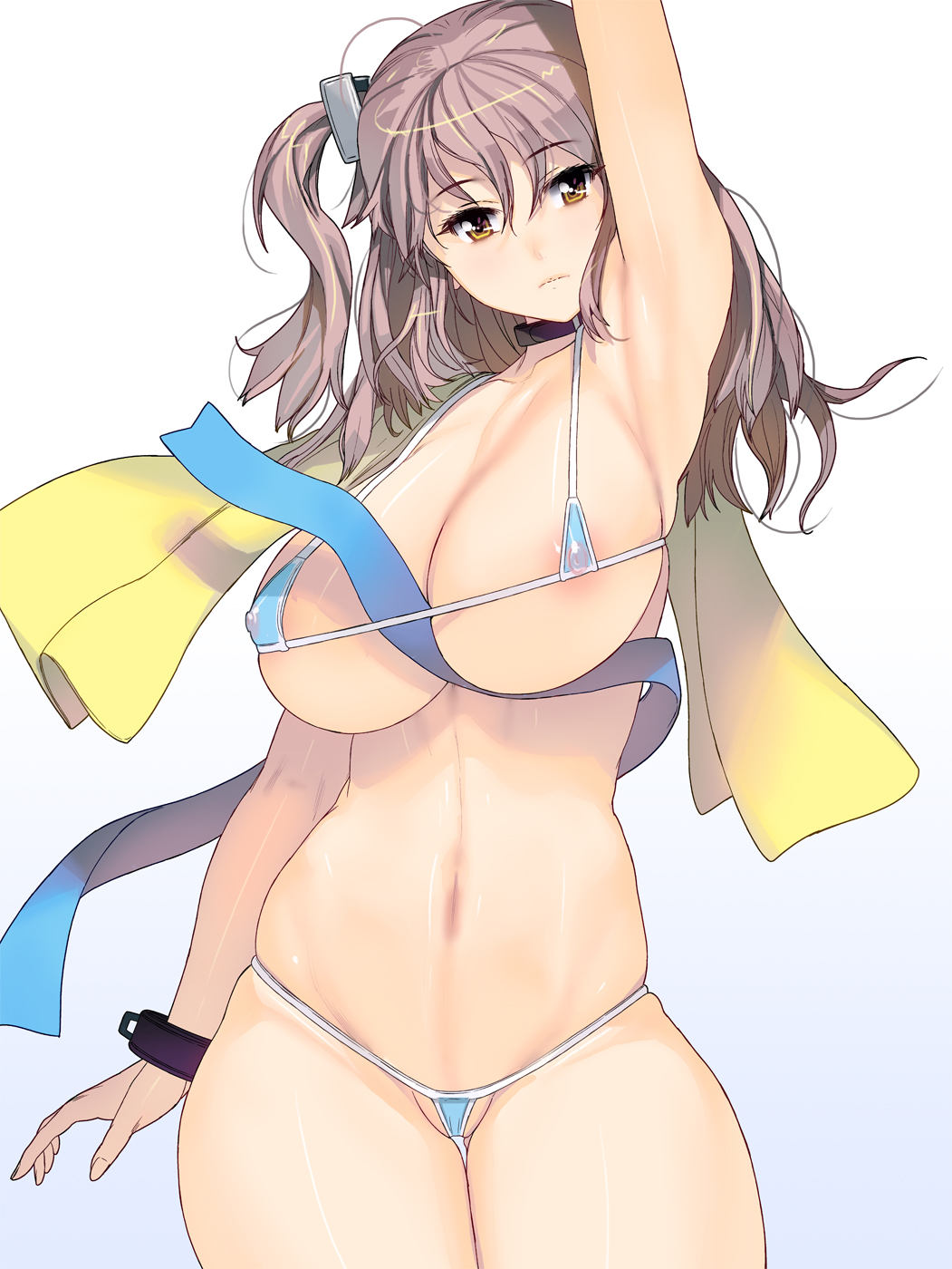 1girl areolae armpits bikini blue_bikini blue_swimsuit breasts brown_eyes brown_hair female gradient_background highres large_breasts long_hair looking_at_viewer masao micro_bikini navel original side_ponytail simple_background solo standing swimsuit thick_thighs