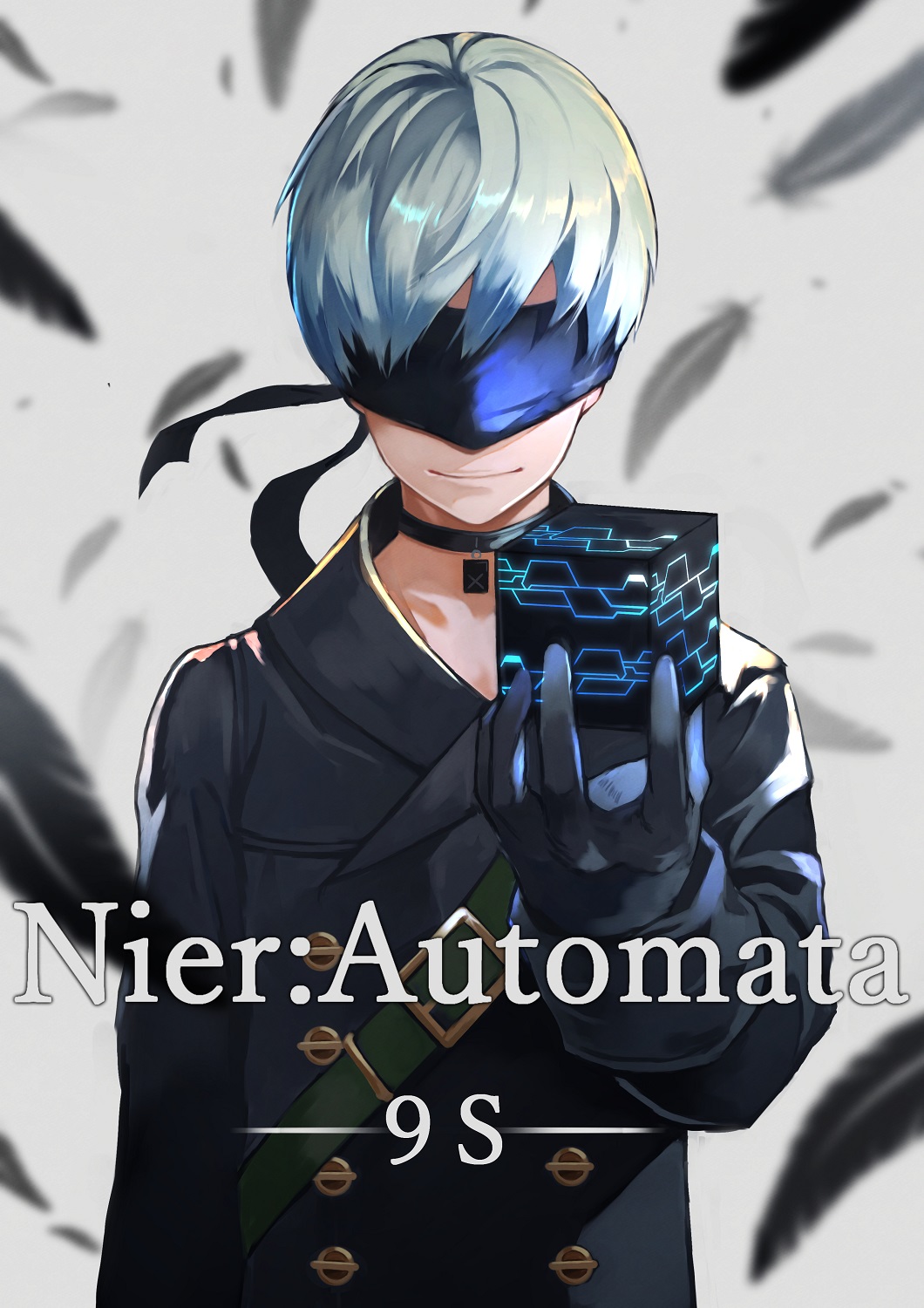 55level black_feathers black_gloves blindfold character_name choker copyright_name covered_eyes cube gloves highres light_smile male_focus nier_(series) nier_automata silver_hair solo yorha_no._9_type_s