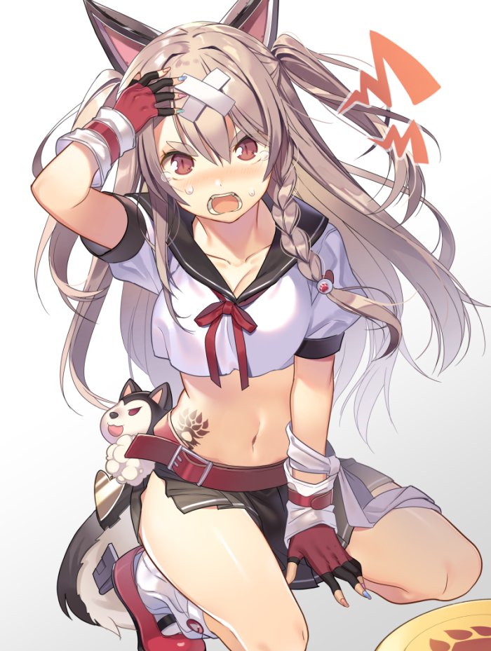 angry animal_ears arm_up azur_lane bandages belt belt_buckle black_skirt blue_nails blush braid breasts buckle cat_ears collarbone commentary_request crop_top crop_top_overhang crossed_bandaids fangs fingerless_gloves fingernails frisbee gloves gradient gradient_background green_nails grey_background hair_ornament hand_on_head kneeling light_brown_hair long_hair looking_at_viewer loose_socks medium_breasts midriff multicolored multicolored_nails nail_polish natasha_(pommier) navel nose_blush open_mouth orange_nails pink_nails pleated_skirt puffy_sleeves red_belt red_eyes red_footwear red_ribbon ribbon school_uniform serafuku shirt shoes side_braid single_braid skirt socks tail tattoo tears thick_eyebrows two_side_up very_long_hair white_background white_legwear white_shirt wolf_ears wolf_girl wolf_tail yuudachi_(azur_lane)