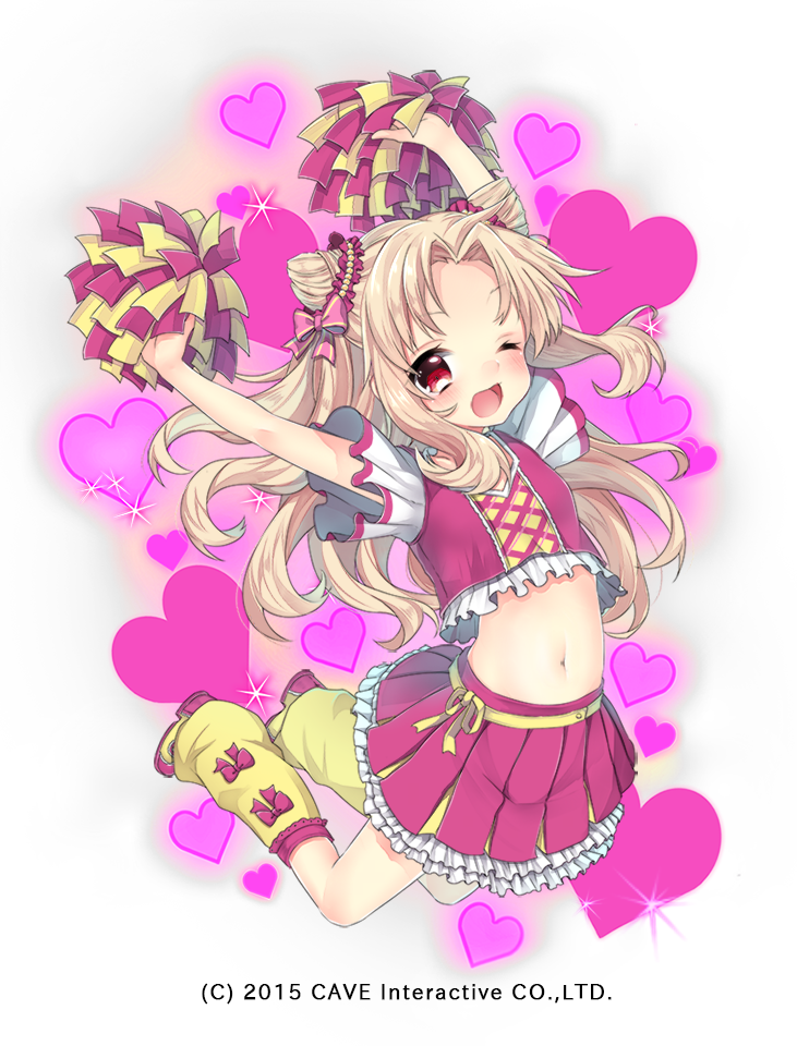 2015 ;d arms_up bangs blush bow breasts cheerleader crop_top crop_top_overhang eyebrows_visible_through_hair frilled_skirt frills full_body gothic_wa_mahou_otome hair_bow hair_intakes hair_ornament hair_scrunchie heart heart_background holding jumping leg_warmers light_brown_hair long_hair looking_at_viewer midriff nachiru navel official_art one_eye_closed open_mouth pink_bow pink_scrunchie pink_shirt pink_skirt pleated_skirt pom_poms red_eyes ribbon scrunchie shirt shoes short_sleeves sidelocks skirt small_breasts smile sneakers solo striped striped_bow very_long_hair white_background yellow_footwear yellow_legwear yellow_ribbon