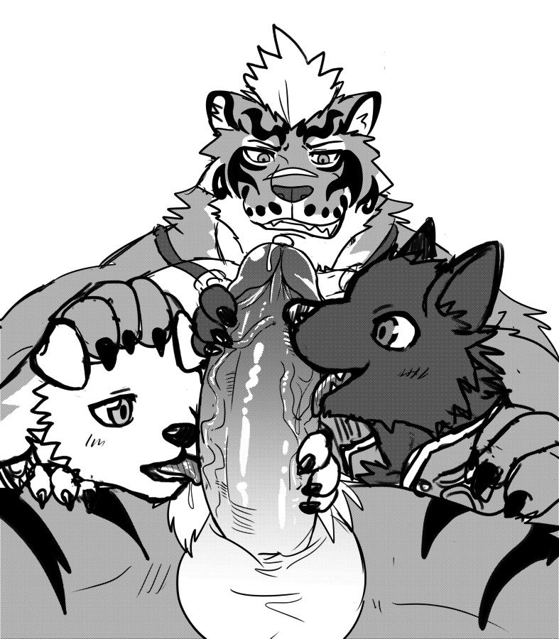 anthro balls canine dog erection feline fur group group_sex humanoid_penis licking lin_hu male male/male mammal monochrome nekojishi penis precum sex simple_background tagme threesome tiger tongue tongue_out vein veiny_penis white_background