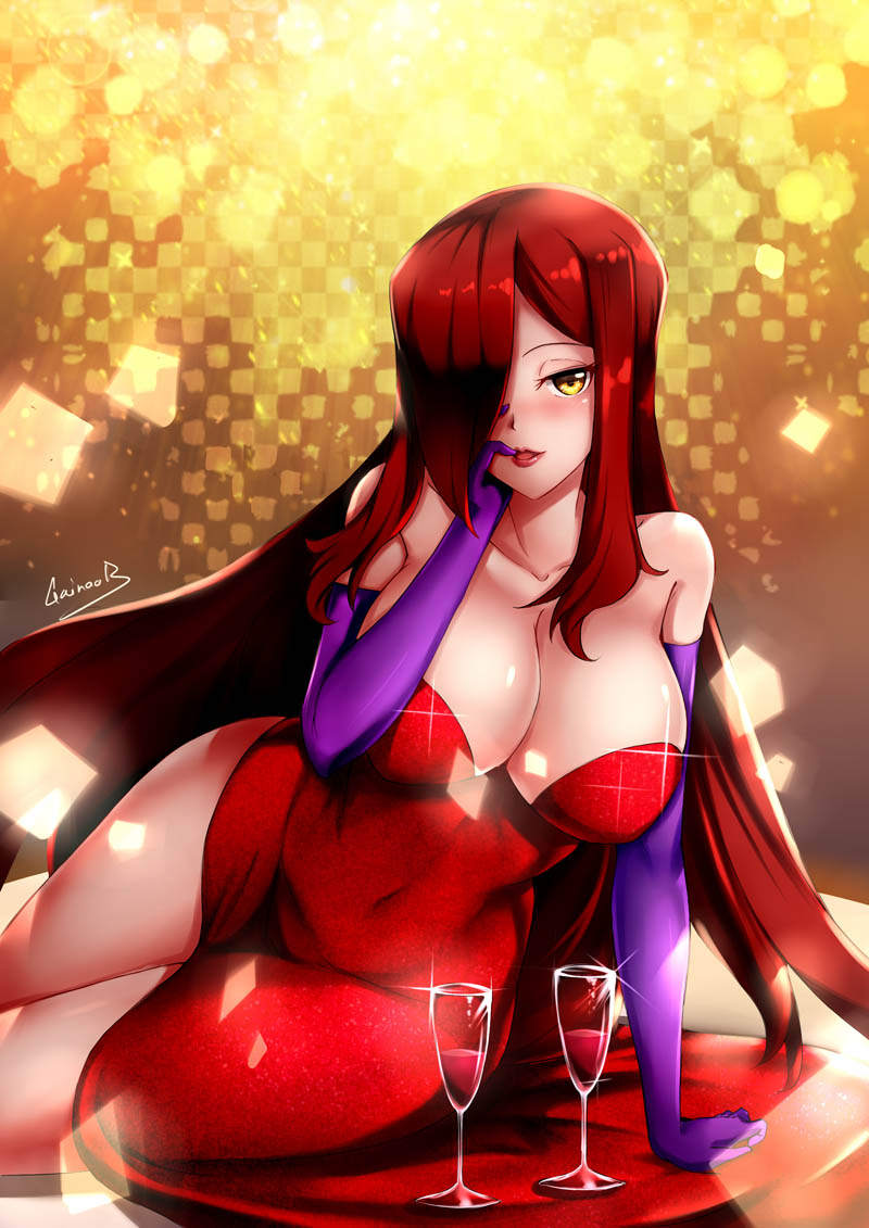 alternate_costume bare_shoulders blush breasts cleavage commentary commission cosplay crossover cup dress drinking_glass elbow_gloves english_commentary gainoob gloves hair_over_one_eye hand_on_own_cheek hand_up jessica_rabbit jessica_rabbit_(cosplay) large_breasts lipstick long_hair looking_at_viewer makeup parasoul_(skullgirls) purple_gloves red_dress red_hair signature skullgirls sleeveless sleeveless_dress solo thighs very_long_hair who_framed_roger_rabbit wine_glass yellow_eyes