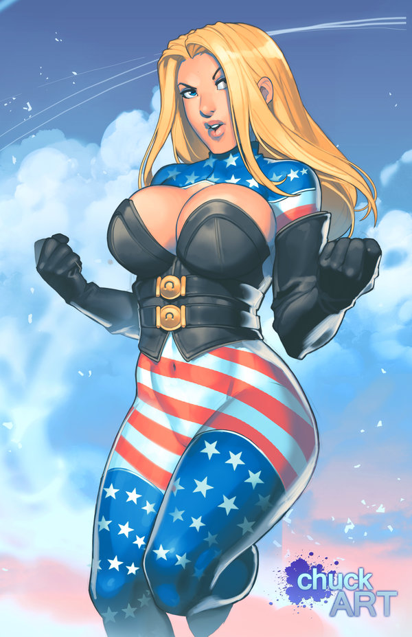 1girl american_flag artist_logo black_gloves blonde_hair blue_eyes bodysuit breasts bustier chuck_pires cleavage cleavage_cutout clenched_hands cloud covered_navel elbow_gloves eyeshadow flag_print gloves hair_over_one_eye large_breasts lips long_hair looking_at_viewer makeup mount_olympus_comics nose open_mouth patriotika patriotism skin_tight solo standing standing_on_one_leg superhero w_arms