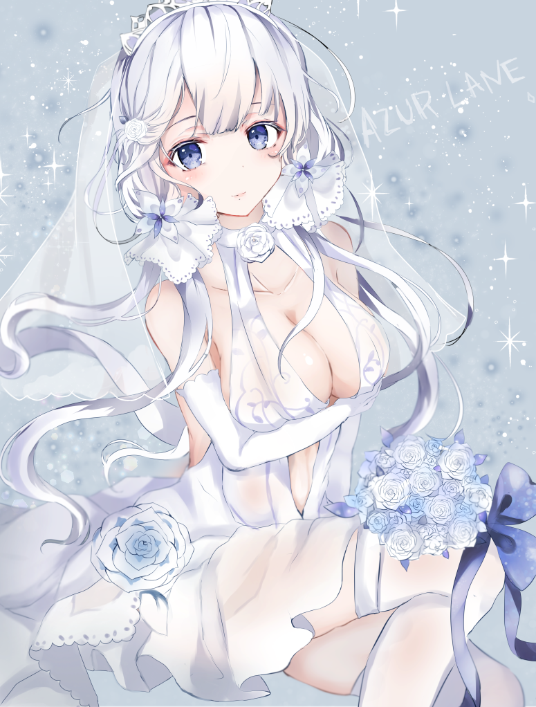 azur_lane bangs bare_shoulders blue_eyes blue_flower bouquet breasts cleavage closed_mouth collarbone commentary copyright_name dress elbow_gloves flower gloves hair_flower hair_ornament halter_dress illustrious_(azur_lane) large_breasts long_hair looking_at_viewer low_twintails sakura_mochiko see-through silver_hair sitting smile solo sparkle thighhighs twintails veil very_long_hair wedding_dress white_dress white_flower white_gloves white_legwear