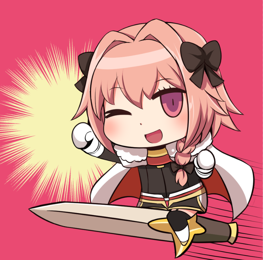 astolfo_(fate) black_bow blush bow braid chibi commentary_request fate/apocrypha fate/grand_order fate_(series) hair_intakes hair_ribbon long_hair looking_at_viewer male_focus michiyon multicolored_hair one_eye_closed open_mouth otoko_no_ko parody pink_hair purple_eyes ribbon riding riyo_(lyomsnpmp)_(style) single_braid solo streaked_hair style_parody