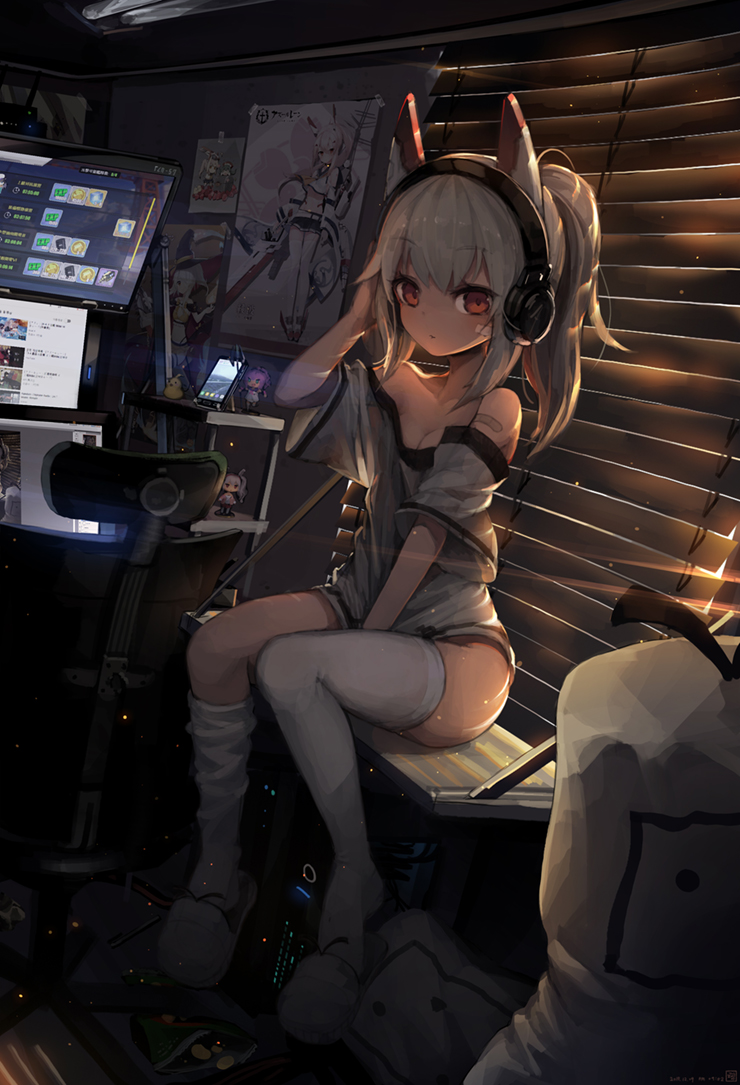animal_ears ayanami_(azur_lane) azur_lane bag_of_chips bandaid_on_arm bangs blinds bottomless breasts cellphone chair chips commentary_request computer day eyebrows_visible_through_hair figure food glowworm_(azur_lane) hand_on_headphones headphones high_ponytail indoors jakoujika javelin_(azur_lane) laffey_(azur_lane) looking_at_viewer monitor niconico off_shoulder office_chair phone ponytail poster_(object) potato_chips red_eyes shirt shoe_dangle short_sleeves sitting slippers small_breasts smartphone solo sunlight thighhighs thighhighs_pull white_footwear white_hair white_legwear white_shirt wide_sleeves