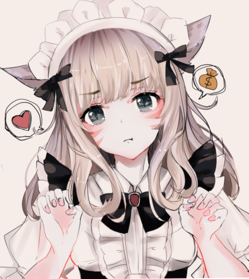 :t alternate_costume animal_ears bangs beige_background black_neckwear bow bowtie cat_ears center_frills claw_pose closed_mouth commentary_request enmaided eyebrows_visible_through_hair facial_mark final_fantasy final_fantasy_xiv fingernails frills grey_eyes hands_up heart light_brown_hair long_hair looking_at_viewer maid maid_headdress miqo'te moneybag nail_polish pink_nails pout puffy_short_sleeves puffy_sleeves sakura_mochiko shirt short_sleeves simple_background solo spoken_heart spoken_object white_shirt