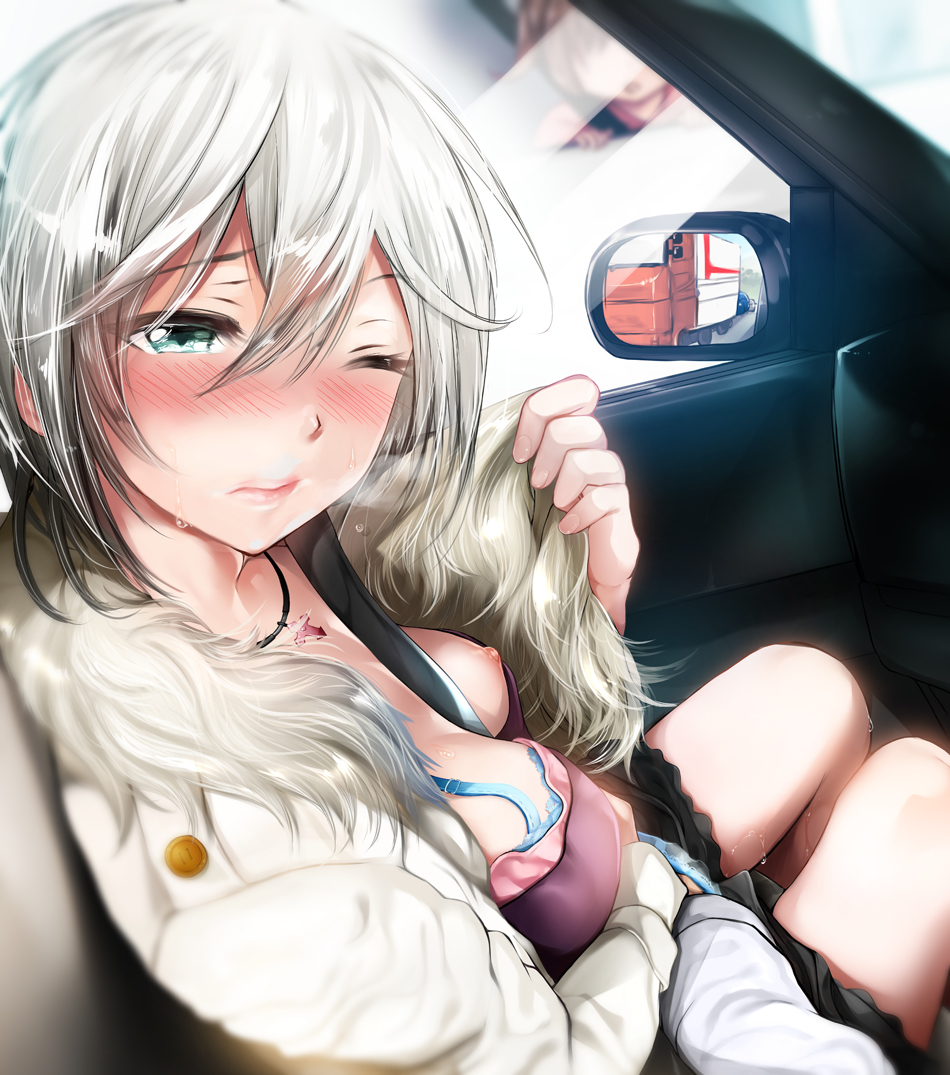 anastasia_(idolmaster) between_breasts blue_bra blue_eyes blue_panties blush bra bra_pull breasts car_interior closed_mouth commentary_request day eyebrows_visible_through_hair fingering fur-trimmed_jacket fur_trim hair_between_eyes hand_in_panties idolmaster idolmaster_cinderella_girls jacket jewelry looking_at_viewer medium_breasts miyuki_yaya multiple_girls necklace nipples one_breast_out one_eye_closed open_clothes open_jacket panties pov pussy_juice seatbelt shirt_pull short_hair silver_hair sitting solo_focus sweat underwear white_jacket