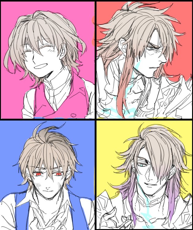 ^_^ ag_ss41 before_and_after blue_eyes body_markings brown_hair closed_eyes closed_mouth commentary_request fate/apocrypha fate_(series) gradient_hair long_hair male_focus multicolored_hair multiple_boys red_eyes sieg_(fate/apocrypha) siegfried_(fate) smile upper_body