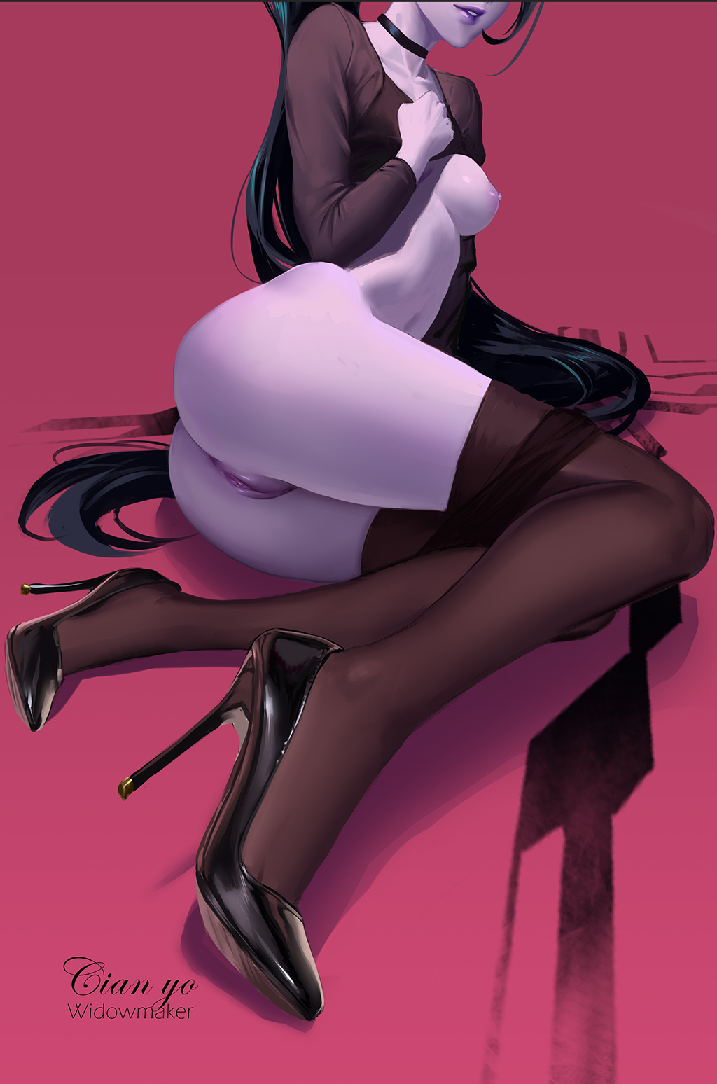 ass bad_revision black_hair black_legwear breasts censored_revision choker cian_yo foreshortening hand_on_own_chest head_out_of_frame high_heels highres lips long_hair md5_mismatch medium_breasts nipples overwatch pantyhose pantyhose_pull parted_lips pink_background purple_skin pussy shirt_lift sitting solo uncensored very_long_hair widowmaker_(overwatch) yokozuwari