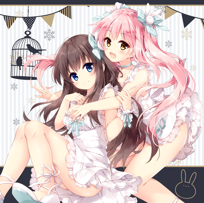 :d ankle_lace-up bangs bare_arms bird birdcage blue_bow blue_eyes blush bow brown_eyes brown_hair bunny_hair_ornament cage closed_mouth commentary_request cross-laced_footwear dress eyebrows_visible_through_hair hair_bow hair_ornament head_tilt long_hair looking_at_viewer mochizuki_shiina multiple_girls no_panties open_mouth original pennant pink_hair shoes sidelocks silhouette sitting sleeveless sleeveless_dress smile snowflakes string_of_flags striped striped_background striped_bow twintails vertical-striped_background vertical_stripes very_long_hair white_dress white_footwear wrist_cuffs