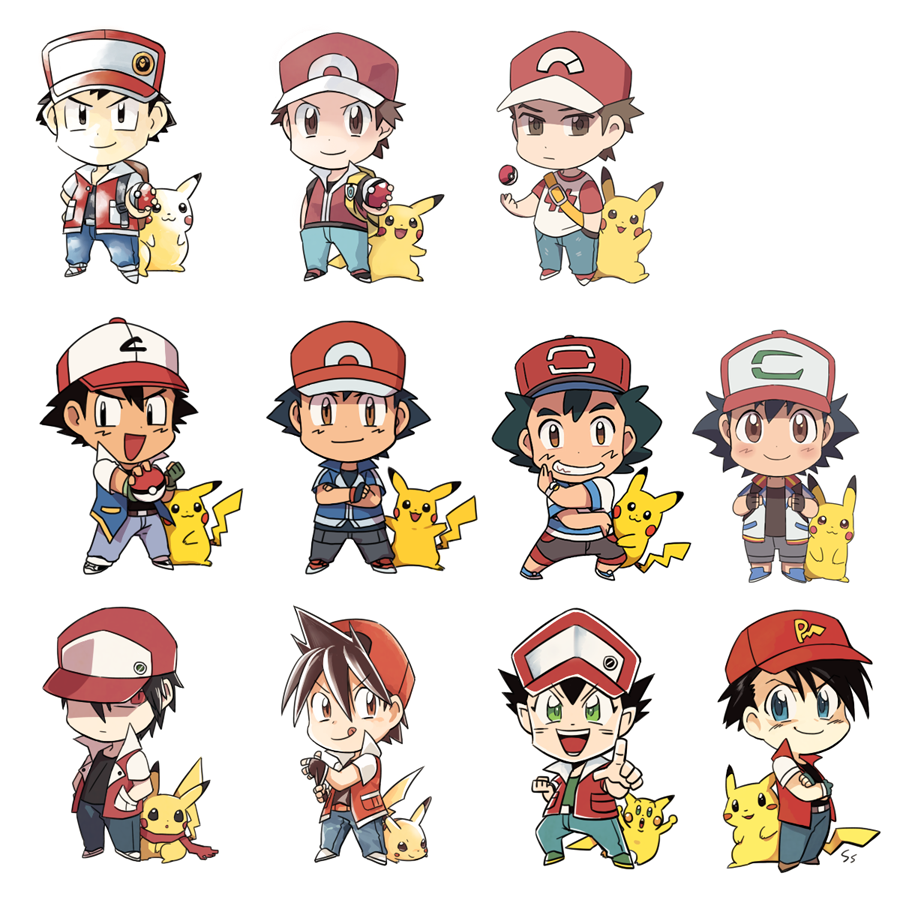 :d :o akai_isamu_(pokemon) alternate_costume blue_eyes brown_eyes dengeki!_pikachu fingerless_gloves gen_1_pokemon gloves green_eyes hands_in_pockets holding holding_poke_ball looking_to_the_side male_focus multiple_boys multiple_persona open_clothes open_mouth open_shirt pikachu pixiv_red pocket_monsters_(manga) pointing pointing_at_viewer poke_ball poke_ball_(generic) pokemon pokemon_(anime) pokemon_(classic_anime) pokemon_(creature) pokemon_(game) pokemon_bw_(anime) pokemon_frlg pokemon_gsc pokemon_m21 pokemon_rgby pokemon_sm pokemon_sm_(anime) pokemon_special pokemon_xy_(anime) red_(pokemon) red_(pokemon_frlg) red_(pokemon_rgby) satoshi_(pokemon) scarf shaded_face shirt signature smile ssalbulre striped striped_shirt too_many too_many_pikachu v-shaped_eyebrows vs_seeker z-move