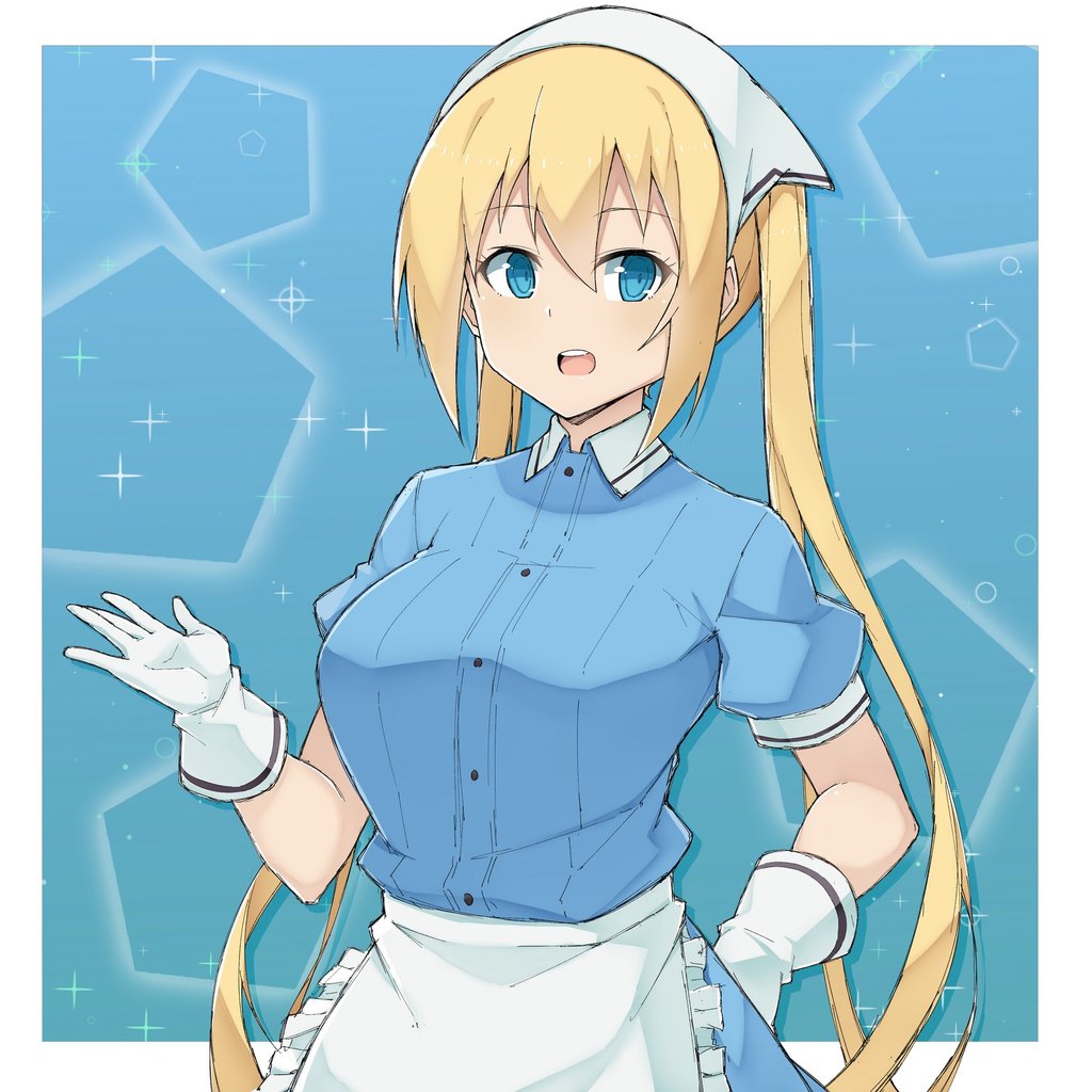 1girl apron blend_s blonde_hair blue_dress blue_eyes breasts dress gloves hand_on_hip head_scarf hinata_kaho long_hair mzrz open_mouth pentagon_(shape) puffy_short_sleeves puffy_sleeves short_sleeves smile solo sparkle stile_uniform twintails upper_body waist_apron