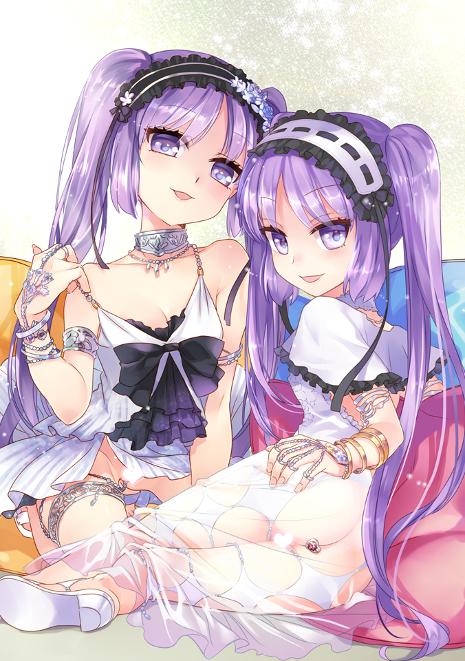 2girls ass bare_shoulders bracelet choker cleavage dress euryale fate/grand_order fate/hollow_ataraxia fate_(series) headband heart_censor invitation jewelry legs looking_at_viewer multiple_girls necklace no_panties open_mouth pillow presenting purple_eyes purple_hair sandals siblings sisters smile stheno twins very_long_hair