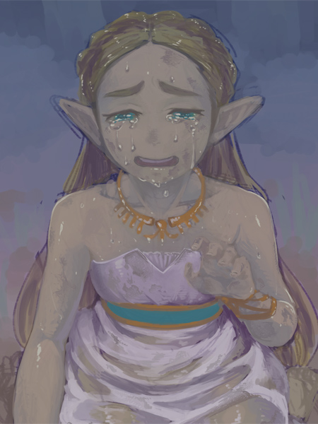 aqua_eyes bare_shoulders barefoot bracelet braid collarbone crying crying_with_eyes_open dress eyelashes flat_chest forehead french_braid half-closed_eyes jewelry light_brown_hair long_hair looking_at_viewer natto_soup necklace open_mouth palms princess princess_zelda sash see-through single_braid sitting solo straight_hair strapless strapless_dress streaming_tears tears teeth the_legend_of_zelda the_legend_of_zelda:_breath_of_the_wild thick_eyebrows wariza wet wet_clothes wet_dress wet_hair white_dress