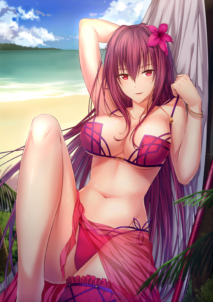 arm_up bangs beach bikini bikini_pull blush bracelet breasts commentary day eyebrows_visible_through_hair fate/grand_order fate_(series) flower gae_bolg hair_between_eyes hair_flower hair_ornament hammock hand_up jewelry knee_up large_breasts light_smile long_hair looking_at_viewer luzi navel outdoors parted_lips polearm purple_bikini purple_eyes purple_flower purple_hair sarong scathach_(fate)_(all) scathach_(swimsuit_assassin)_(fate) sidelocks smile solo spear swimsuit thighs tsurime weapon