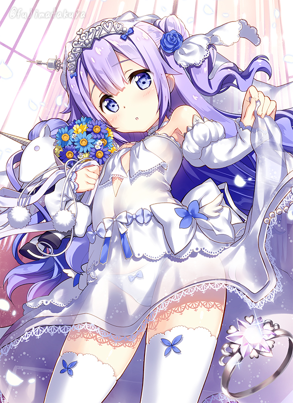 :o alternate_costume azur_lane bare_shoulders blue_bow blue_flower blue_rose blush bow bow_panties breasts bridal_veil choker commentary_request cowboy_shot cross detached_sleeves dot_nose dress eyebrows eyebrows_visible_through_hair eyes_visible_through_hair flower fujima_takuya hair_bun hair_flower hair_ornament hair_ribbon head_tilt heart heart_choker jewelry juliet_sleeves lace lace-trimmed_dress lace_trim legs_apart lifted_by_self long_hair long_sleeves looking_at_viewer midriff object_hug open_mouth panties petals puffy_sleeves purple_bow purple_eyes purple_hair ribbon ring rose see-through side_bun skirt_hold sleeves_past_wrists small_breasts solo sparkle standing strapless strapless_dress stuffed_alicorn stuffed_animal stuffed_toy tareme thighhighs tiara twitter_username underwear unicorn_(azur_lane) veil wedding_band wedding_dress white_choker white_dress white_panties white_ribbon