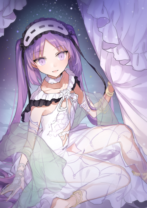 1girl anklet bracelet choker dress fate/grand_order fate/hollow_ataraxia fate_(series) headband jewelry legs looking_at_viewer purple_eyes purple_hair revealing_clothes sitting stheno very_long_hair