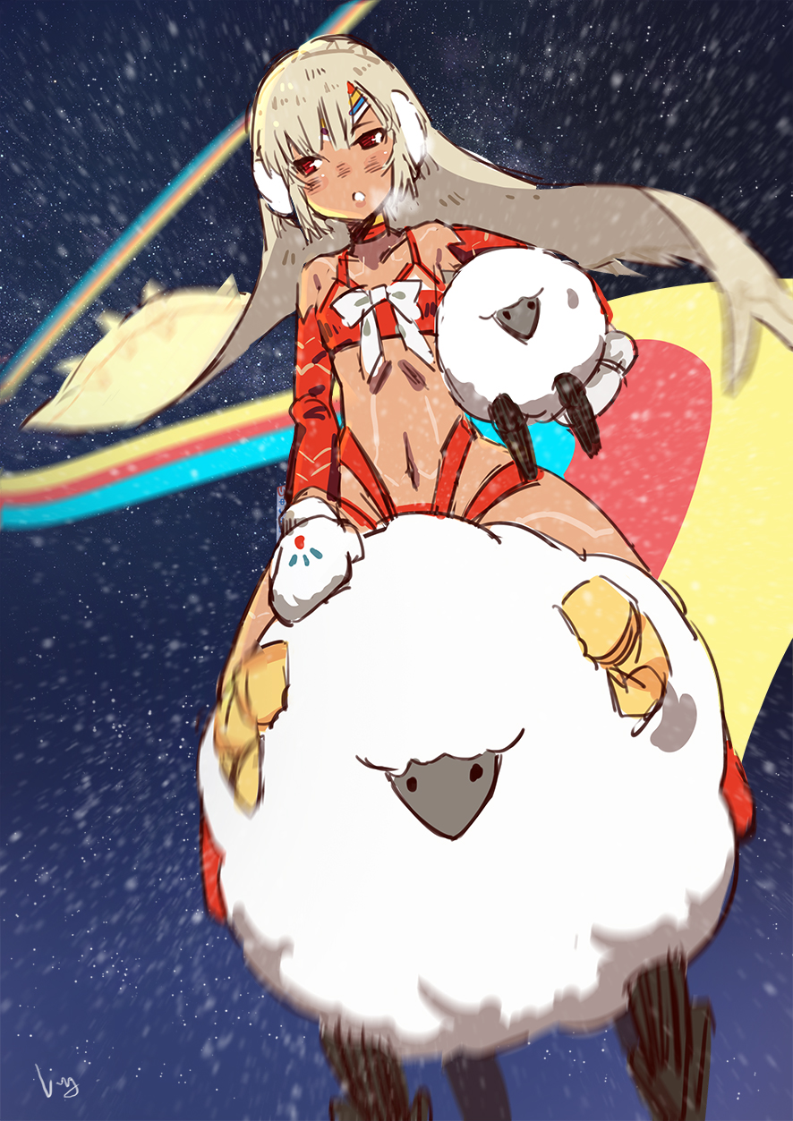altera_(fate) altera_the_santa bare_shoulders beltbra blush breath dark_skin earmuffs fate/grand_order fate_(series) highres looking_away mittens motion_blur nanaya_(daaijianglin) parted_lips red_eyes revealing_clothes riding sheep short_hair signature silver_hair sitting sky snow solo star_(sky) starry_sky veil