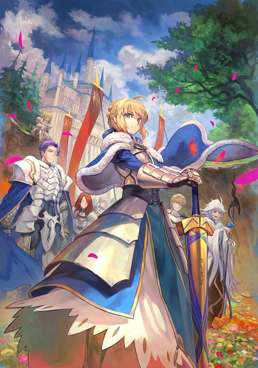 5boys :d ahoge armor armored_dress artoria_pendragon_(all) avalon_(fate/stay_night) bangs banner bedivere bird bird_on_hand blonde_hair blue_cape blue_dress blue_sky boots braid breastplate cape castle closed_eyes closed_mouth cloud cloudy_sky commentary_request day dress excalibur fate/apocrypha fate/extra fate/grand_order fate/stay_night fate_(series) faulds field flower flower_field forest fur_trim gauntlets gawain_(fate/extra) gorget greaves green_eyes hands_on_hilt highres holding holding_staff juliet_sleeves knights_of_the_round_table_(fate) lack lancelot_(fate/grand_order) long_dress long_hair long_sleeves looking_at_another merlin_(fate) mordred_(fate) mordred_(fate)_(all) multiple_boys multiple_girls nature open_mouth outdoors pauldrons petals plate_armor puffy_sleeves purple_eyes purple_hair red_hair robe saber short_hair silver_hair sitting sky smile staff standing tree tristan_(fate/grand_order) yellow_eyes