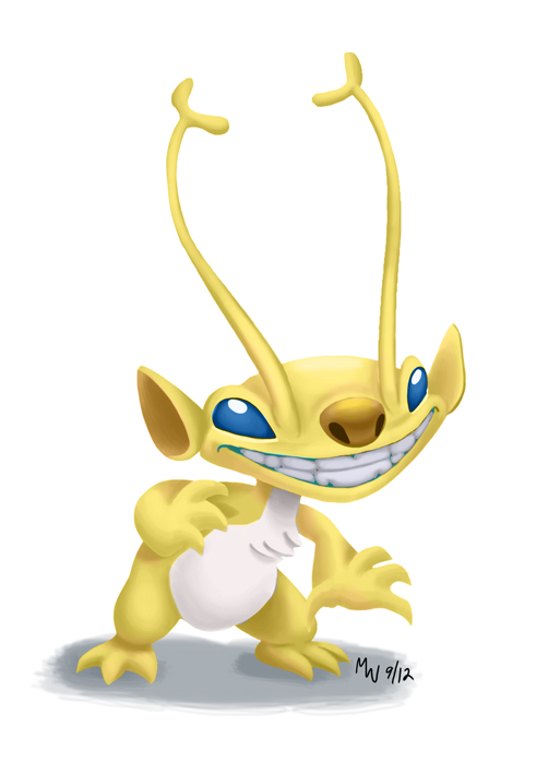 2013 3_toes 4_fingers alien antennae blue_eyes brown_nose chest_tuft countershading digital_media_(artwork) disney experiment_(species) full-length_portrait grin leaning leaning_forward lilo_and_stitch lynxgriffin portrait signature simple_background smile solo sparky_(lilo_and_stitch) standing toes tuft white_background white_countershading