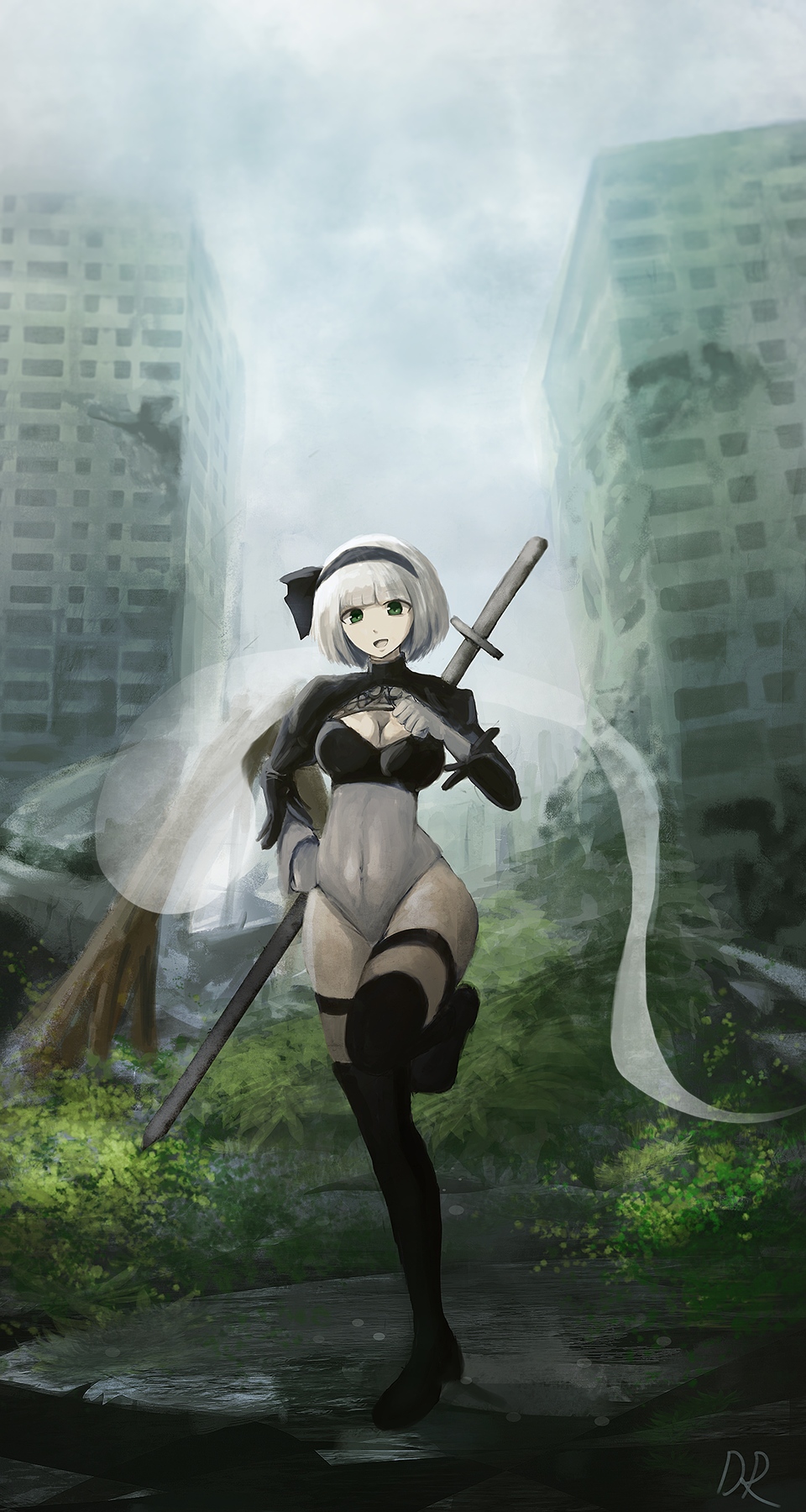 black_footwear black_hairband black_legwear boots breasts building city commentary covered_navel crossover danraz0r day feather-trimmed_sleeves fog full_body green_eyes grey_hair hairband hand_on_hip highleg highleg_leotard highres juliet_sleeves katana knee_up konpaku_youmu leotard long_hair long_sleeves look-alike looking_at_viewer making_of medium_breasts nier_(series) nier_automata no_blindfold outdoors post-apocalypse puffy_sleeves ruins sheath sheathed short_hair silver_hair sky solo speedpaint standing standing_on_one_leg sunlight sword sword_behind_back thigh_boots thighhighs thighhighs_under_boots touhou vambraces video_available weapon weapon_on_back white_leotard yorha_no._2_type_b