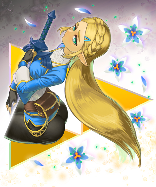 aqua_eyes arched_back ass between_breasts black_gloves black_pants blonde_hair blue_shirt braid breasts closed_mouth cowboy_shot crop_top cropped_legs eyelashes fingerless_gloves fingernails flower forehead french_braid gloves hair_ornament hairclip leaning leaning_back light_particles long_hair long_sleeves looking_away master_sword natto_soup pants petals pointy_ears pouch princess princess_zelda shirt sidelocks single_braid sitting small_breasts solo straight_hair sword the_legend_of_zelda the_legend_of_zelda:_breath_of_the_wild thick_eyebrows tight tight_pants triforce turtleneck undershirt very_long_hair weapon white_shirt yoga_pants