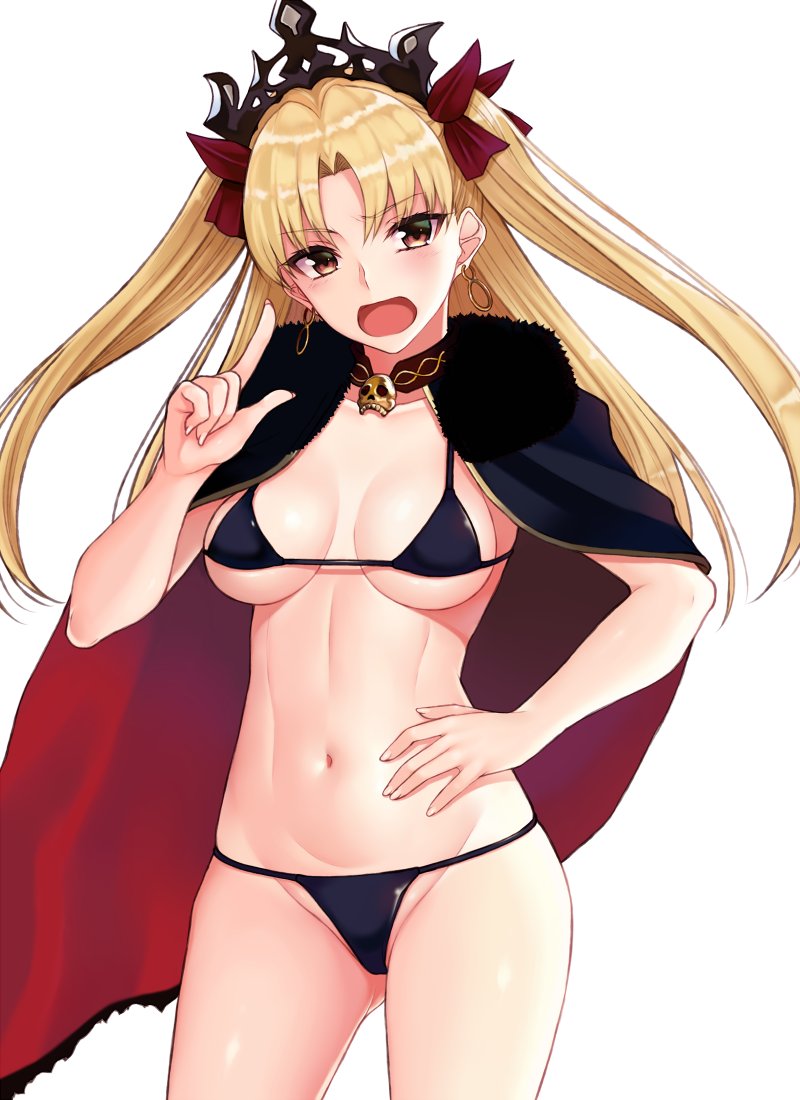 bangs bikini black_bikini blonde_hair blush breasts cape cocq_taichou collar commentary_request earrings ereshkigal_(fate/grand_order) fate/grand_order fate_(series) fur-trimmed_cape fur_trim hair_ribbon hand_on_hip hand_up hips hoop_earrings index_finger_raised jewelry long_hair looking_at_viewer medium_breasts navel open_mouth red_cape red_eyes red_ribbon ribbon skull solo swimsuit thighs tiara twintails