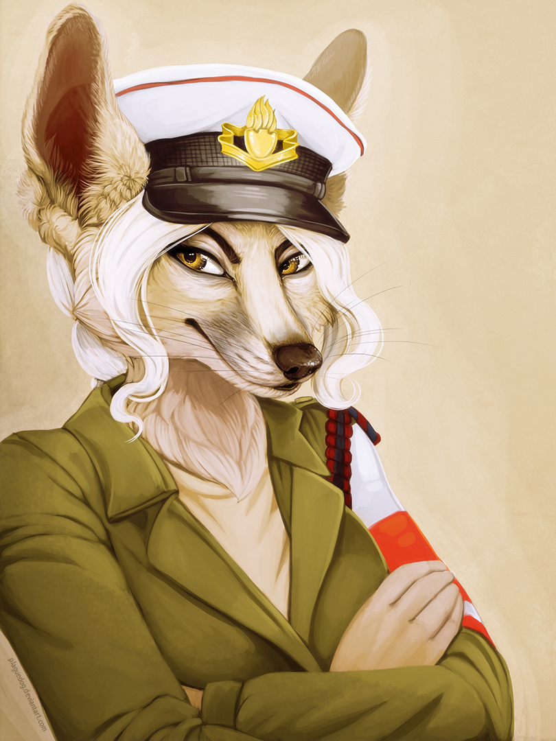 5_fingers alternate_version_available amber_eyes anthro ariella_(bering) armband badge bangs black_lips black_nose blanford's_fox breasts bust_portrait canine cheek_tuft clothed clothing crossed_arms detailed digital_media_(artwork) digital_painting_(artwork) ears_up epaulette eyebrows eyelashes facial_markings female fluffy fox front_view frown fur grin hair hat head_tilt humanoid israeli jacket lighting looking_aside mammal markings military military_uniform naughty_face peaked_cap plaguedog police police_officer police_uniform portrait shaded shirt simple_background smile snout solo tan_background tan_fur tan_skin text textured_background tuft uniform whiskers white_hair