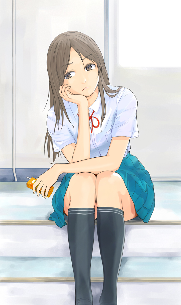 black_legwear blue_skirt brown_eyes brown_hair chin_rest closed_mouth collared_shirt commentary_request eyebrows_visible_through_hair feet_out_of_frame frown head_tilt hi_iro holding indoors juice_box legs_together looking_at_viewer original pleated_skirt school_uniform shirt sitting skirt socks solo stairs uniform white_shirt wing_collar