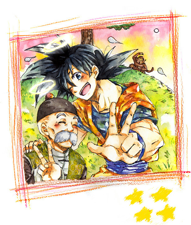 ;d ake_(ake54) animal black_eyes black_hair bubbles_(dragon_ball) chinese_clothes closed_eyes dougi dragon_ball facial_hair grandfather_and_grandson grandpa_gohan grass halo hand_on_another's_shoulder happy hat looking_at_viewer male_focus monkey multiple_boys mustache one_eye_closed open_mouth smile son_gokuu spiked_hair star tree v
