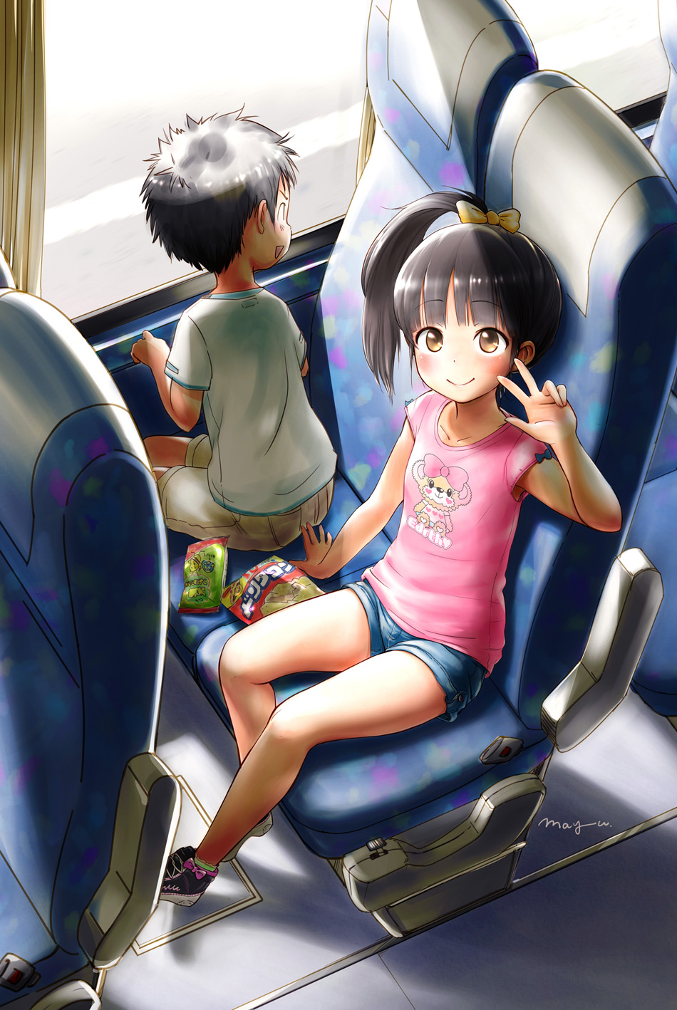 1girl arm_up armpit_peek bangs bare_legs black_hair bow brown_eyes bus_interior child commentary_request denim denim_shorts eyebrows_visible_through_hair from_above hair_bow high_ponytail highres kneeling legs long_hair looking_at_viewer looking_back looking_out_window mayafufu open_mouth original pink_shirt print_shirt ribbon shirt shoes short_hair short_shorts shorts side_ponytail signature sitting sleeveless sleeveless_shirt smile snack sneakers t-shirt v vehicle_interior w window