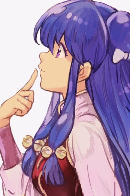 bell blue_hair bow double_bun eyebrows_visible_through_hair finger_to_mouth from_side grey_background hair_between_eyes hair_bow hankuri jingle_bell long_hair long_sleeves looking_up profile purple_eyes ranma_1/2 shampoo_(ranma_1/2) sidelocks simple_background solo upper_body vest white_bow