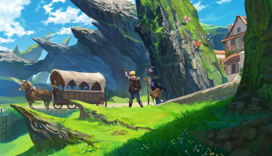 bag black_hair blonde_hair building cloak cloud covered_wagon day fantasy from_behind gloves grass hat horse long_hair original outdoors ox_(baallore) pinwheel rock scenery short_hair suitcase wagon walking waving witch_hat