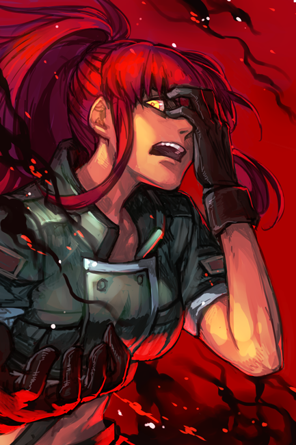 black_background black_gloves cropped_jacket dark_persona gloves green_jacket hand_over_eye hankuri jacket leona_heidern long_hair looking_at_viewer open_mouth orochi_leona ponytail red_hair short_sleeves solo the_king_of_fighters upper_body yellow_background
